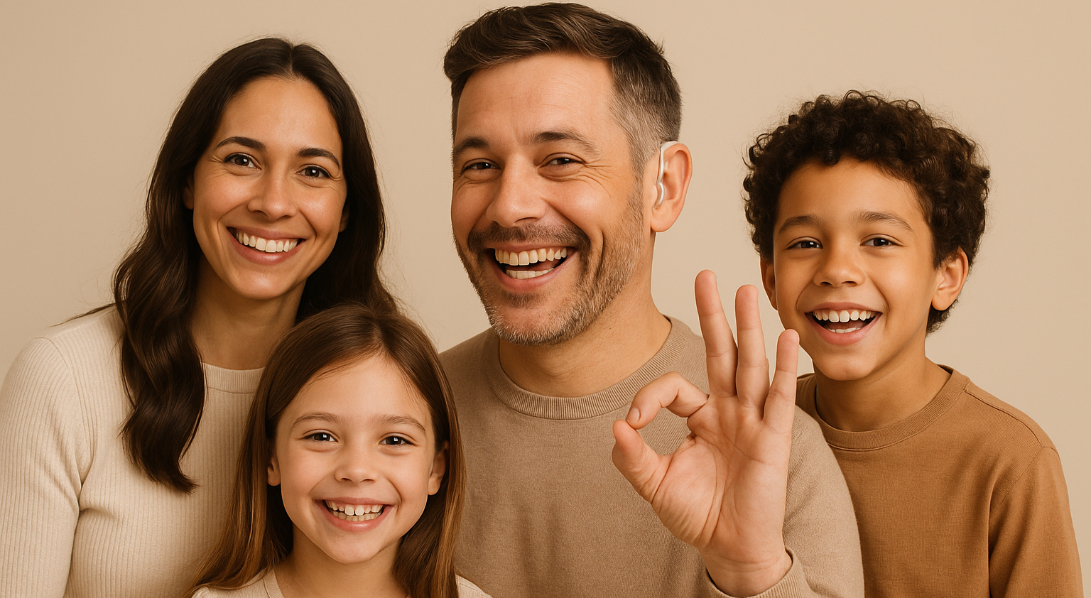Man making smiling with family giving 'OK' sign with his hand on a beige background after getting hearing aid