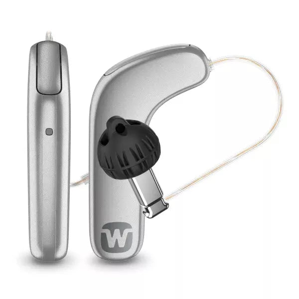 Premium Widex SmartRIC 440 Hearing Aids – Rechargeable, Bluetooth, Digital Noise Reduction – Left+Right Pair in Silver Grey