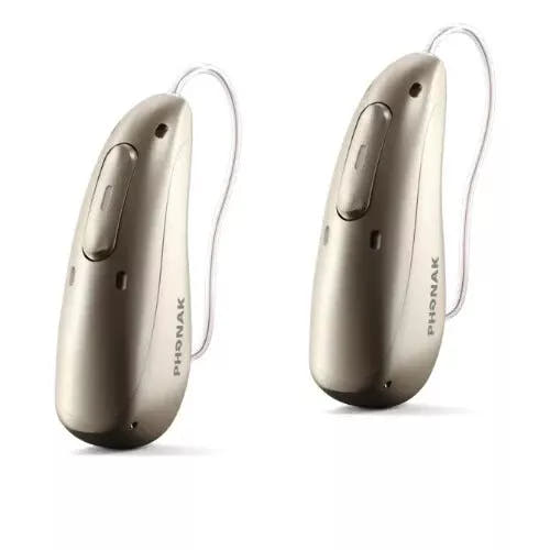 Phonak Audeo Sphere Infinio I90 Hearing Aids (Pair L & R) with Charger – Rechargeable, Bluetooth, Tap Control – Champagne
